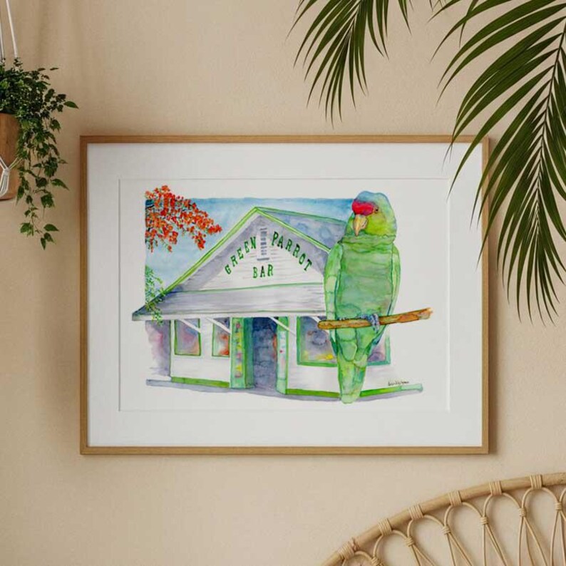 key-west-green-parrot-gicl-e-art-print-tropical-island-decor-etsy