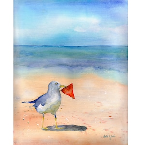 Seagull Beach Art Print: Coastal Watercolor Painting