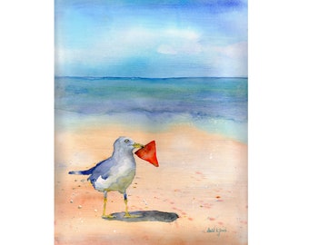 Seagull Beach Art Print: Coastal Watercolor Painting