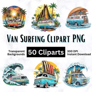Van Surfing Clipart Bundle mit 50 Cliparts mit transparenten PNG-Hintergründen bei 300 DPI