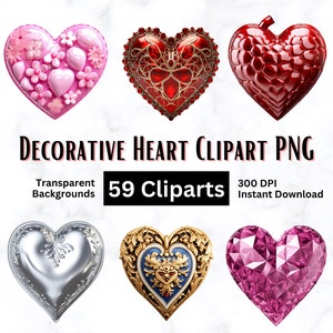 Pacote de clipart de coração decorativo com 59 formas de coração em formato PNG e fundo transparente a 300 DPI, perfeito para POD e impressão