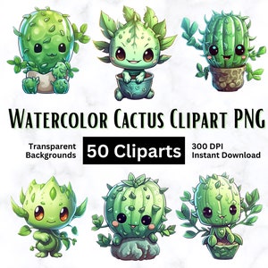 Colección de 50 imágenes prediseñadas de cactus en acuarela, fondo transparente, PNG de 300 DPI, descarga instantánea, uso comercial