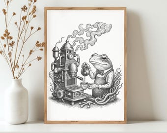 緑のカエルの墨絵アート：日本の｜コーヒーの壁アート｜トレンディな壁