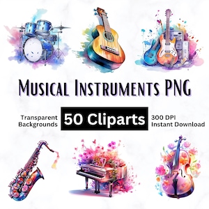 50 aquarel muziekinstrumenten clipart, hoogwaardige 300 DPI png, transparante achtergronden, digitale download, commercieel gebruik