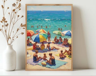 カラフルなビーチデイウォールアート、夏の海岸の絵画プリント、デジタルダウンロード