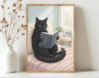 Black Cat Reading Wall Art, Cozy Cat Print, Book Lover Decor