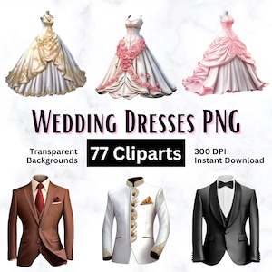 Paquete de 77 imágenes prediseñadas de vestidos de novia y novio, vestidos de novia y vestidos de fiesta PNG con fondo transparente, descarga instantánea para uso comercial.