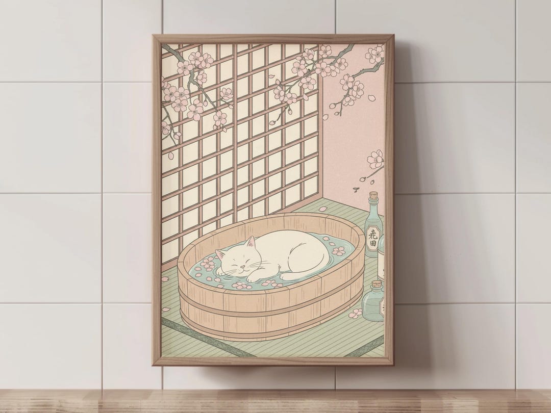 Japanese Cat Bath Wall Art, Relaxing Bathroom Print, Cherry Blossom ...