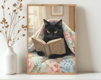 May include: A framed print of a black cat reading a book titled "The Secret Garden." The cat is nestled under a floral blanket with pink and blue flowers. The artwork has a warm, inviting aesthetic.