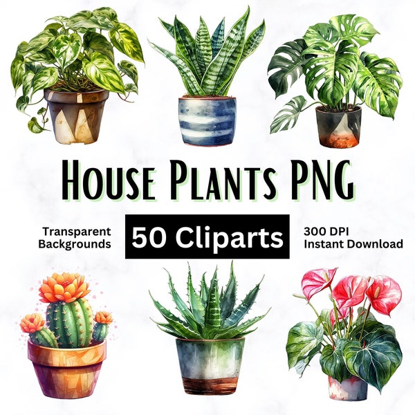 50 House Plants Clipart, PNG Transparent Background, Commercial Use, Digital Clipart, Instant Download