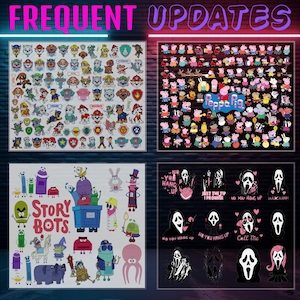 May include: Four digital collage images of popular cartoon characters. The top left image is a collage of Paw Patrol characters. The top right image is a collage of Peppa Pig characters. The bottom left image is a collage of StoryBots characters. The bottom right image is a collage of Ghostface characters from the Scream movie franchise. The text 'FREQUENT UPDATES' is displayed in pink and neon green at the top of the image.
