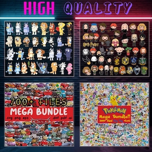 May include: Four digital product bundles for sale. The top left bundle is a collection of blue and brown cartoon dog images. The top right bundle is a collection of Harry Potter characters. The bottom left bundle is a collection of red and blue cartoon cars. The bottom right bundle is a collection of Pokemon characters. The text on the images reads: 'High Quality', '700+ Files Mega Bundle .svg .png .eps .dxf .pdf .ai Cars', 'Harry Potter', and 'Pokemon Mega Bundle!! 3000+ Files! Only Font'. 