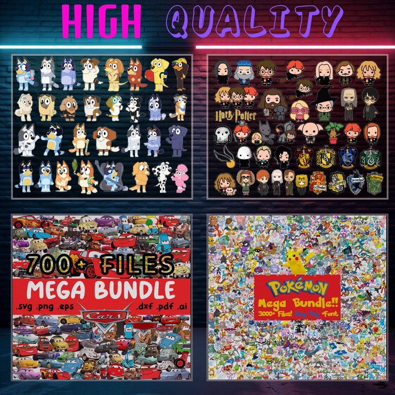May include: Four digital product bundles for sale. The top left bundle is a collection of blue and brown cartoon dog images. The top right bundle is a collection of Harry Potter characters. The bottom left bundle is a collection of red and blue cartoon cars. The bottom right bundle is a collection of Pokemon characters. The text on the images reads: 'High Quality', '700+ Files Mega Bundle .svg .png .eps .dxf .pdf .ai Cars', 'Harry Potter', and 'Pokemon Mega Bundle!! 3000+ Files! Only Font'. 