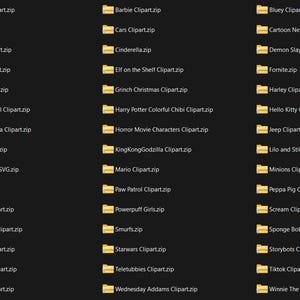 May include: A screenshot of a computer screen showing a list of folders with names related to popular characters and shows. The folders are yellow and have a black background. The folders are arranged in three columns. The folders are all named with the word 'Clipart.zip' at the end of the name. The folders are organized alphabetically. The folders are all in a black background.