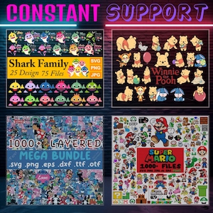May include: A collage of digital clipart images for crafting and design. The images include a shark family, Winnie the Pooh characters, and Super Mario characters. The text on the images reads 'Shark Family 25 Design 75 Files', 'Winnie the Pooh', 'Super Mario 1000+ Files', '1000+ Layered Mega Bundle .svg .png .eps .dxf .ttf .otf'.