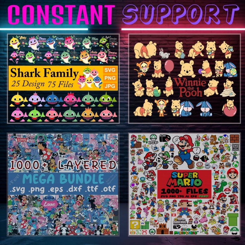 May include: A collage of digital clipart images for crafting and design. The images include a shark family, Winnie the Pooh characters, and Super Mario characters. The text on the images reads 'Shark Family 25 Design 75 Files', 'Winnie the Pooh', 'Super Mario 1000+ Files', '1000+ Layered Mega Bundle .svg .png .eps .dxf .ttf .otf'.