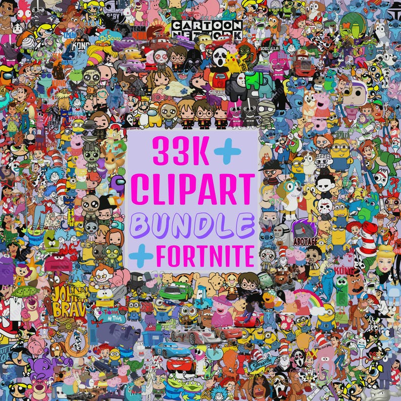 May include: A collage of cartoon characters and video game characters. The characters are all in a cartoon style and are arranged in a random order. The characters include characters from popular cartoons such as SpongeBob SquarePants, The Simpsons, and Pokemon. The characters also include characters from popular video games such as Fortnite, Among Us, and Minecraft. The text on the image reads '33K+ CLIPART BUNDLE + FORTNITE'.