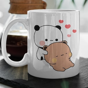 Caneca de café Bubu e Dudu, coração de amor, desenho animado fofo, animal de estimação, abraço de amor, panda, presente fofo, feliz dia dos namorados, caneca de 11', presente de dia dos namorados