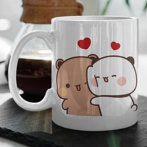 Caneca de café fofa Dudu e Bubu, presente para ela, coração de amor, desenho animado fofo, animal de estimação, abraço de amor, panda, presente de feliz dia dos namorados, caneca de 11'