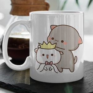 Taza de cerámica de 11 oz con diseño de gato, corazón y mochi, ideal para San Valentín.