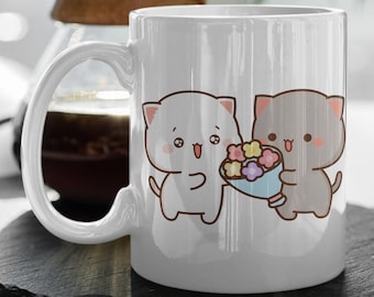 Mochi Peach And Goma Cute Cat Love Heart Cute Cartoon Pet Valentine Mug Happy Valentine's Day Gift 11 oz Ceramic Mug Gift Valentines Gift