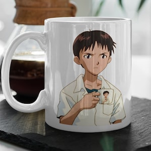 Shinji Holding A Mug  Text Anime  Birthday Party  Coffee Tea Anime Mug 11 oz Double Sided Ceramic Mug Gift Valentines Gift