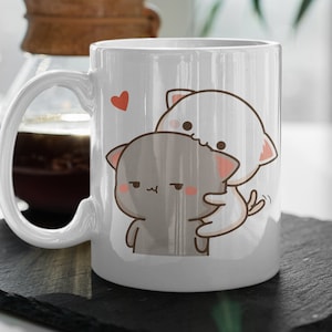 Mochi pêche et Goma chat mignon amour coeur dessin animé mignon animal de compagnie tasse de la Saint-Valentin joyeuse Saint-Valentin cadeau tasse en céramique de 11 oz cadeau Saint-Valentin