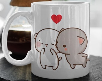 Mochi Peach And Goma Mug  Cute Cat Love Heart  Cute Cartoon Pet Valentines Mug  Happy Valentines Day Gift  11' Ceramic Mug  Valentines Gift