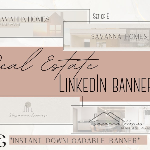 Moderne en minimale LinkedIn-bannersjablonen voor onroerend goed voor professionele en luxe makelaars. Set van 5 sjablonen voor sociale media-profielbanners