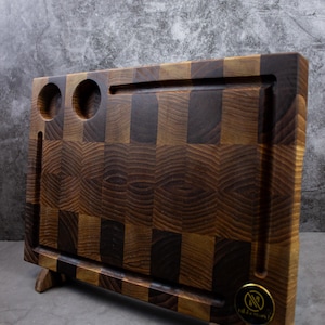End Grain Walnut Cutting Board – Handmade Chef Chopping Block with Juice Groove & Dip Holders – Premium Serving Board