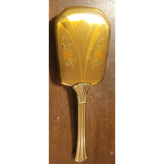 Vintage Gold Tone Guilloche Enamel Floral Vanity Hair Brush Art Deco Dresser Antique French Guilloche Enamel Vanity Brush: Floral  main image 2