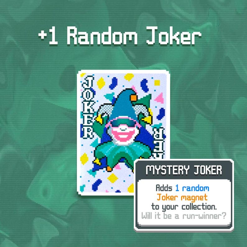 May include: A pixelated playing card featuring a jester design with a blue hat, pink face, and green collar. The card is labeled "JOKER" and has the text "+1 Random Joker" above it. A "MYSTERY JOKER" magnet description is also present.