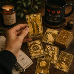 May include: A selection of tarot cards featuring pixelated artwork, including "Magician," "Empress," and "Wheel of Fortune." A black mug with text and hearts is visible, alongside a candle and a notepad. The cards are in shades of brown and gold.