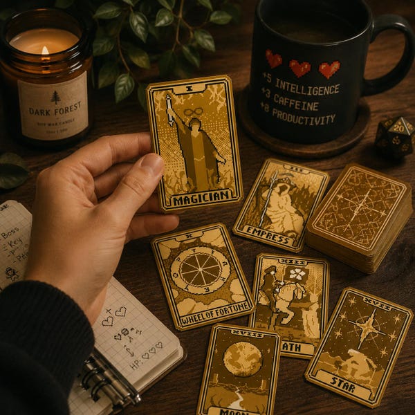 May include: A deck of tarot cards featuring pixel art designs in gold and dark brown. The cards display figures and symbols labeled Magician, Empress, Wheel of Fortune, Death, Moon, and Star. The cards have a distinct retro digital aesthetic.
