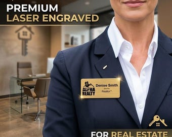 Custom Realtor Name Tag with Logo - Laser Engraved Real Estate Agent Badge, Magnetic Broker Nameplate, Realty Office ID