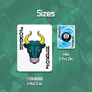 May include: Two Joker playing cards, one standard size 3.4 x 2.5 inches, and one mini size 1.7 x 1.2 inches. The standard card features a bull's head with yellow horns. The mini card shows a blue 8-ball.