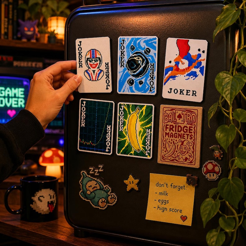 May include: A collection of pixelated fridge magnets, including playing card designs with "JOKER" text, a sleeping baby, and a star. A sticky note reads "don't forget: milk, eggs, high score."
