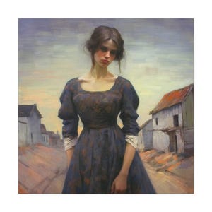 Woman in Village Painting: Rustic Matte Canvas Art Print