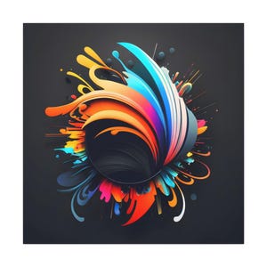 May include: Abstract art print featuring a central black circle with colorful, swirling shapes in shades of orange, yellow, blue, and pink. The artwork has a dark gray background and a modern, graphic design.