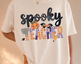 Comfort Colors® Teacher Halloween Shirt, Spooky Faux Patchwork Tee, Fall Classroom Gift for Teacher
