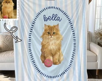 Custom Pet Photo Blanket, Personalized Dog Portrait Blanket with Name, Cat Memorial Gift