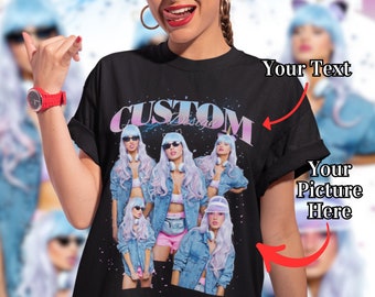May include: Black t-shirt with a graphic print of five women wearing denim jackets and pink shorts. The text "CUSTOM Design" is printed on the shirt.