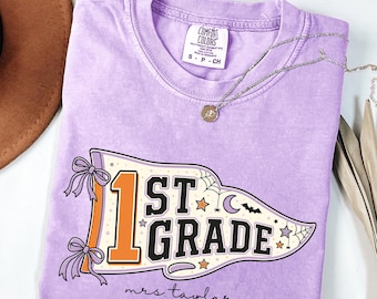 Personalized 1st Grade Teacher Halloween Shirt, Retro Spooky Tee, First Grade Gift