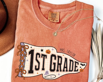 Personalized 1st Grade Teacher Halloween Shirt, Retro Spooky Tee, First Grade Gift