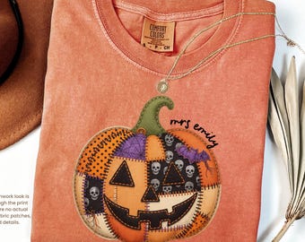 Personalized Halloween Teacher Shirt, Custom Name Faux Patchwork Pumpkin Tee,  Spooky Gift for Teacher