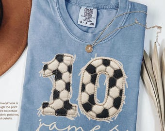 Custom Soccer Number and Name Shirt, Personalized Sports Mom Faux Patchwork Tee, Game Day