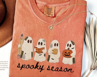 Comfort Colors® Teacher Halloween Shirt, Spooky Season Faux Patchwork Tee, Fall Classroom Teacher Gift