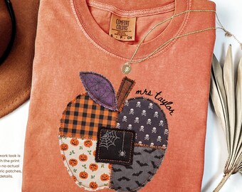 Personalized Halloween Teacher Shirt, Spooky Faux Patchwork Apple Tee, Fall Classroom Gift for Teacher