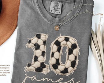 Custom Soccer Number and Name Shirt, Personalized Sports Mom Faux Patchwork Tee, Game Day