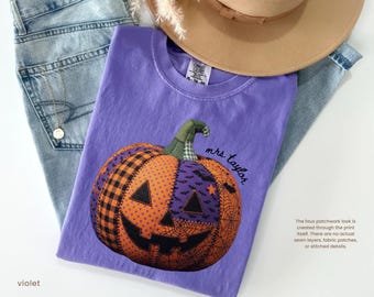 Personalized Halloween Teacher Shirt, Custom Name Faux Patchwork Pumpkin Tee,  Spooky Gift for Teacher